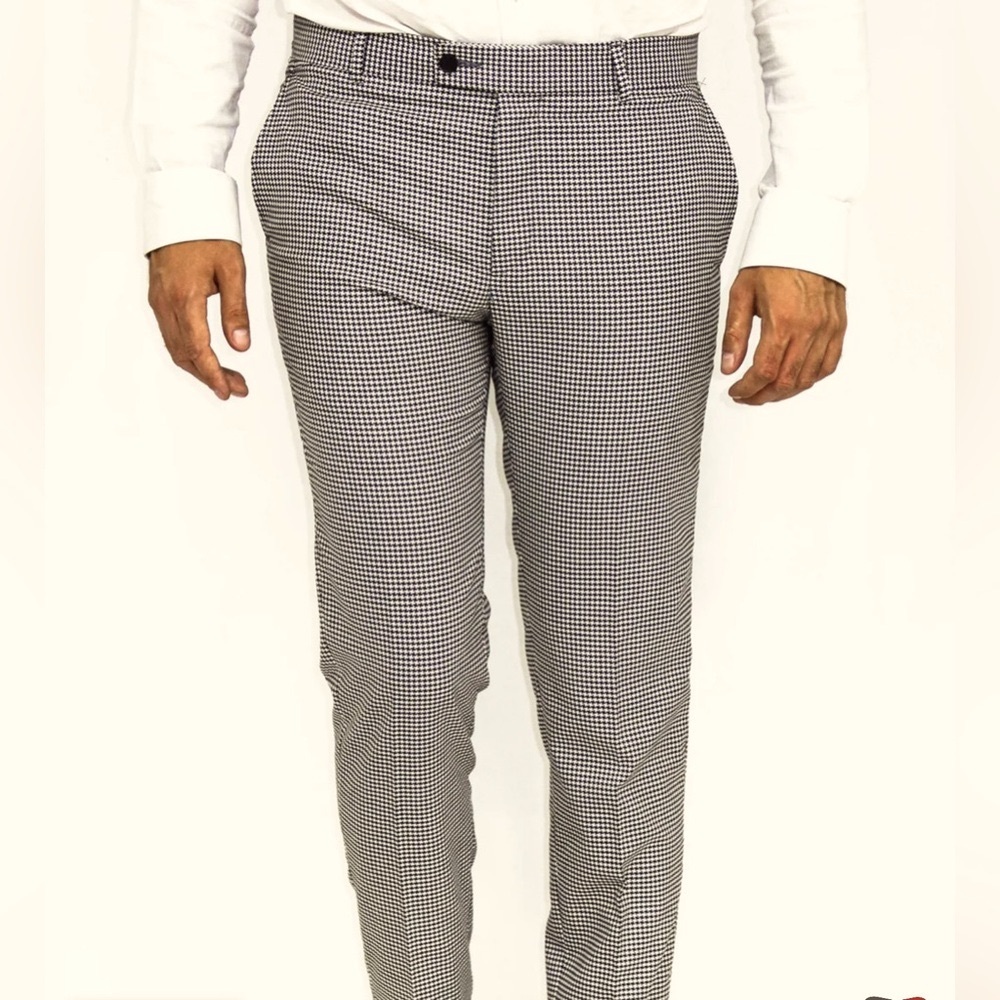HUGO BOSS Virgin Wool Dress Pants 42Rx33 Grey Black Houndstooth Harvey Slim Fit